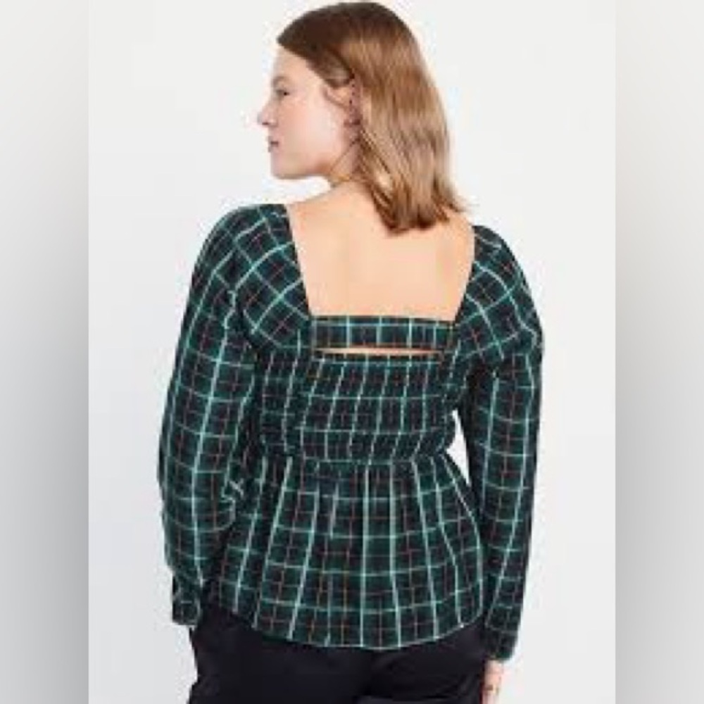 OLD NAVY Women Blouse Plaid Smocked Peplum Dark Academia‎ Cottagecore Size L - Picture 2 of 8